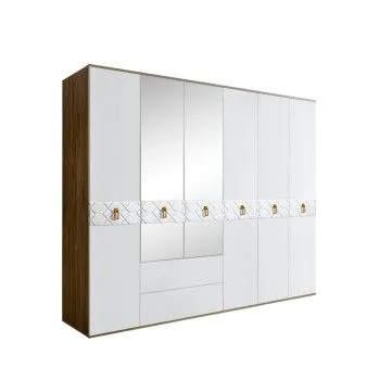 Шкаф 6-ти дверный с зеркалами, с ящиками, Bogemia Woodline Fa (Белый/Золото) БМШ1/61(Fa)