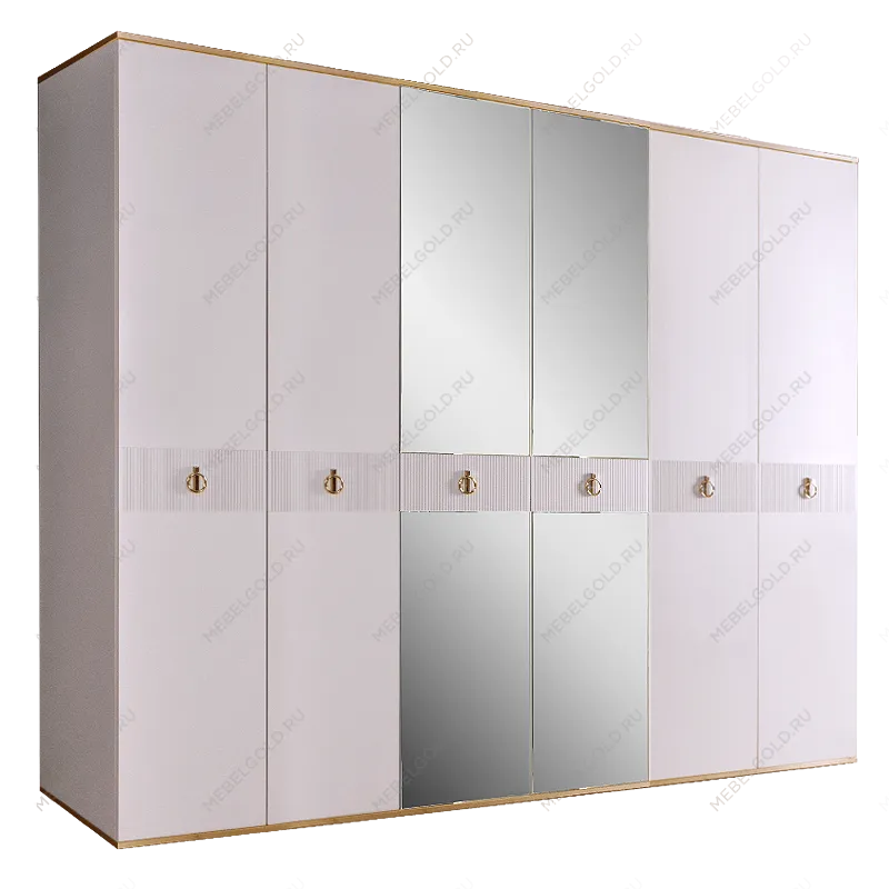 Шкаф 6-ти дверный с зеркалом Римини СОЛО (Белый/Золото) РМШ1/6(s)