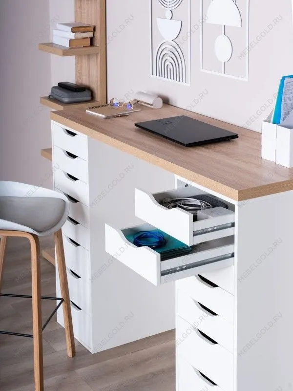 Стол письменный Ингар, 16 ящиков, 140х106х55 см, дуб беленый | изображение 7