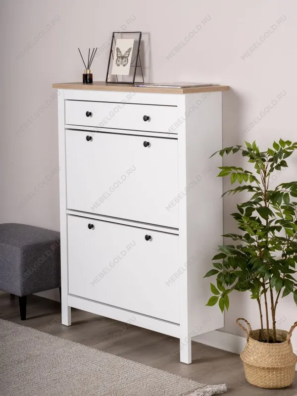 Обувница Сага с 2 откидными ящиками 92х122 белая-ясень | изображение 1