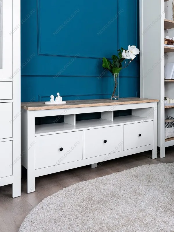 Тумба ТВ Сага, 3 ящика, 131х42х63 см, белая/ясень | изображение 1