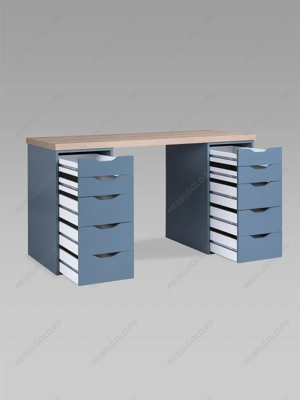 Стол письменный Ингар, 10 ящиков, 140х75х55 см, серо-бирюзовый, столешница дуб беленый | изображение 12