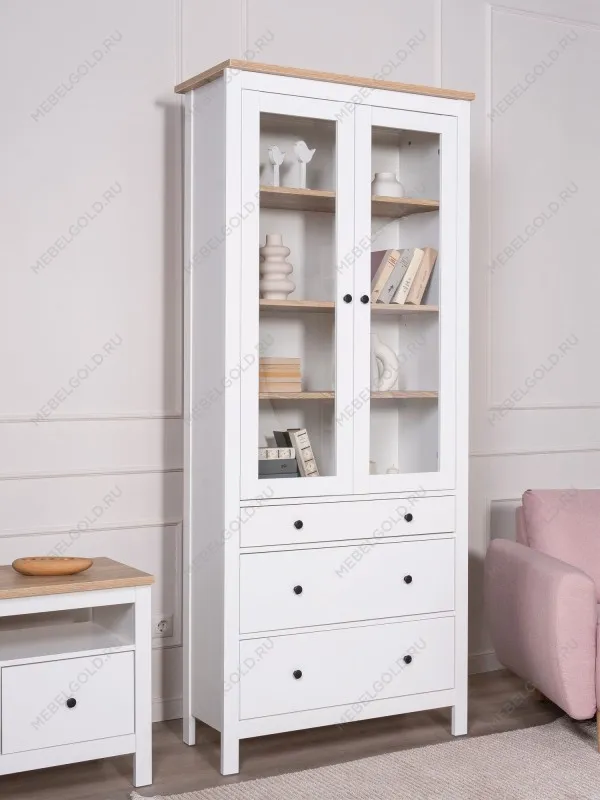 Шкаф с витриной Сага, 90х41х215 см, белый/ясень | изображение 1