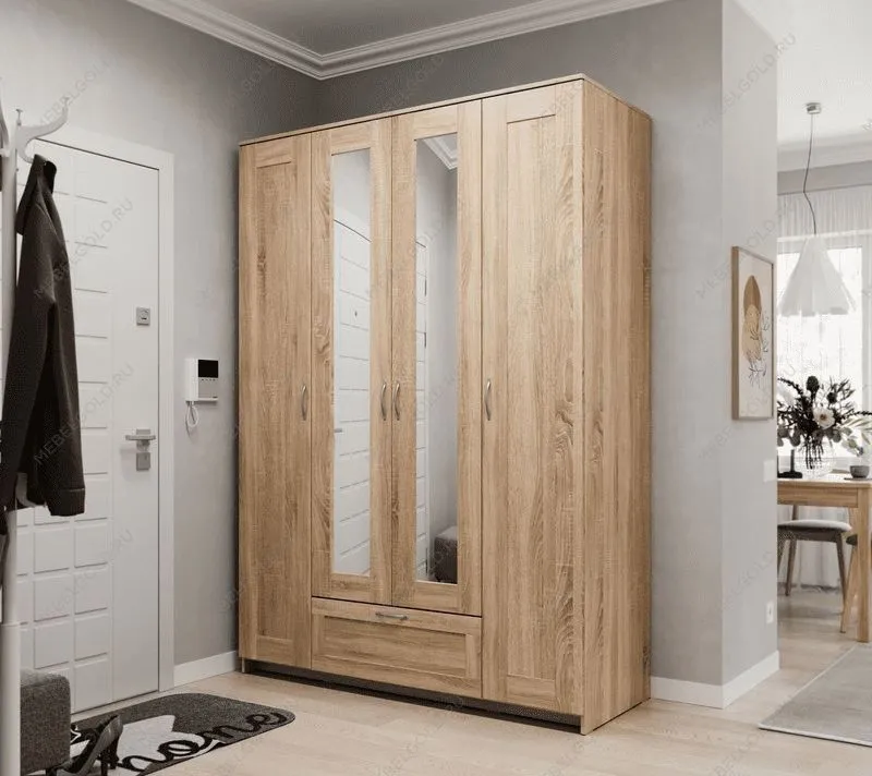 БРИМНЭС / СИРИУС Шкаф четырёхдверный ИКЕА / IKEA с одним выдвижным ящиком и двумя зеркалами, Дуб Сонома | изображение 4