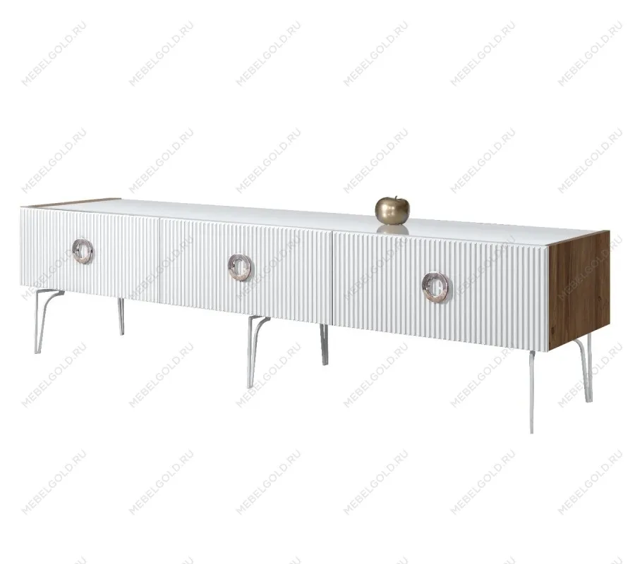 Тумба телевизионная 2.1м Bogemia Woodline Fi (Белый) (Lakobel/Хром) БМТ-2