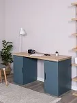 Стол письменный Ингар, с двумя дверцами, 140x75x55, серо-бирюзовый/черный, столешница дуб беленый | изображение 3