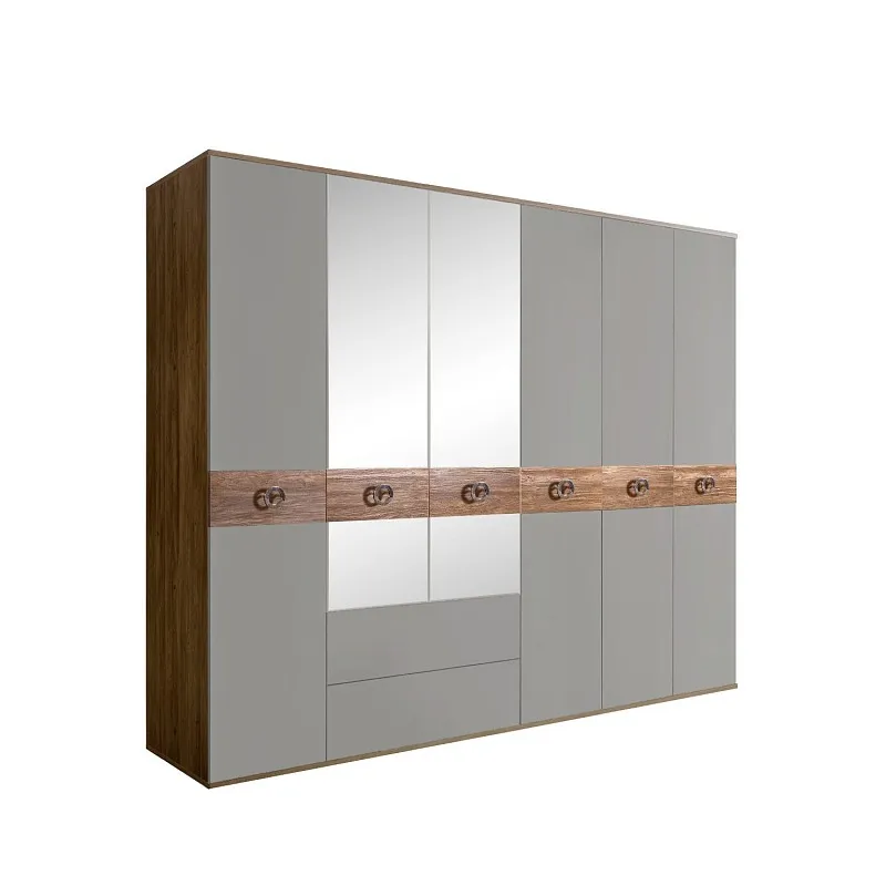 Шкаф 6-ти дверный с зеркалами, с ящиками, Bogemia Woodline Wood Fi (Серый/Хром) БМШ1/61(Wo)