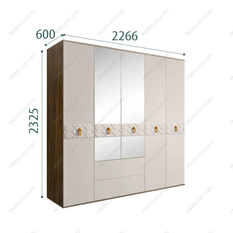 Шкаф 5-ти дверный с зеркалами, с ящиками, Bogemia Woodline Fa (Шелк/Золото) БМШ1/51(Fa)