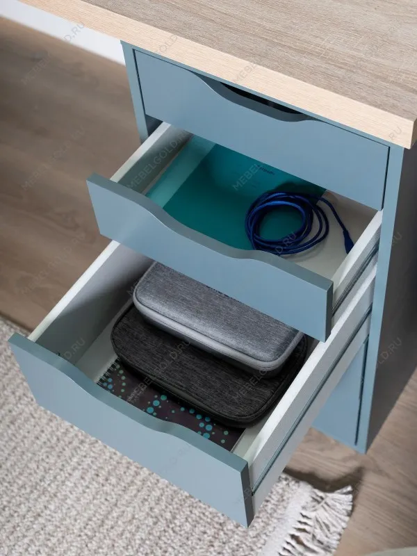 Стол письменный Ингар, 10 ящиков, 140х75х55 см, серо-бирюзовый, столешница дуб беленый | изображение 6