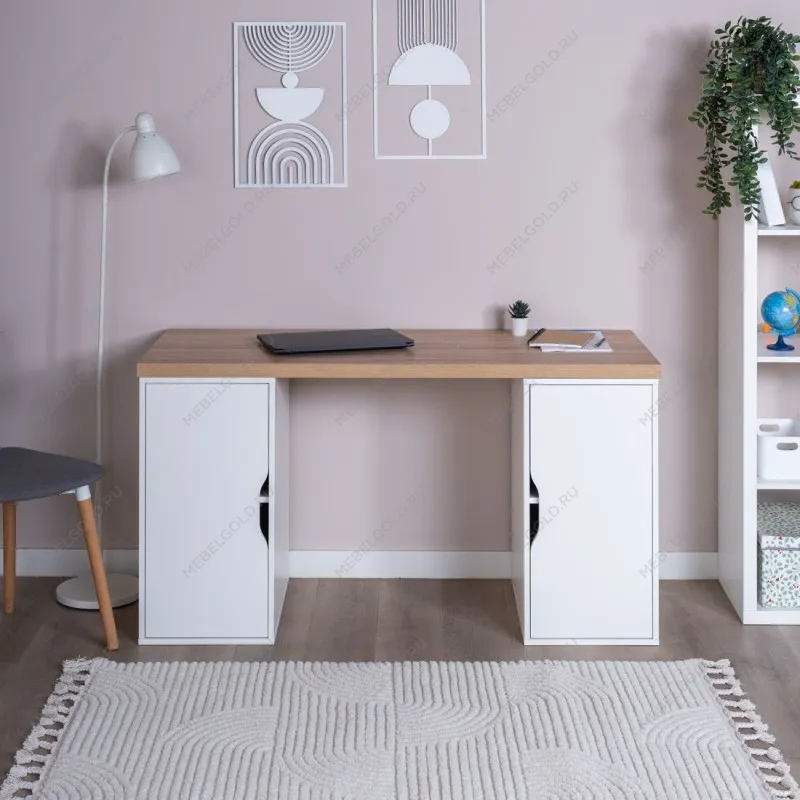 ИНГАР 2/ДВ/ДВ стол письменный 140x75x55, дуб беленый/белый | изображение 3