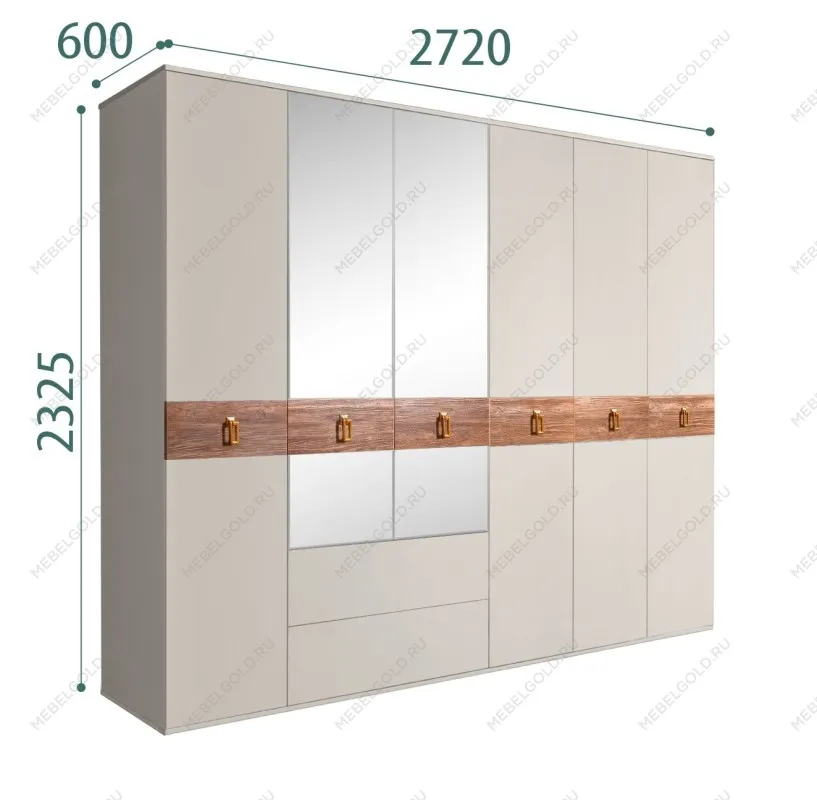 Шкаф 6-ти дверный с зеркалами, с ящиками, Bogemia Wood Fa (Шелк/Золото) БМШ1/61(Wo)