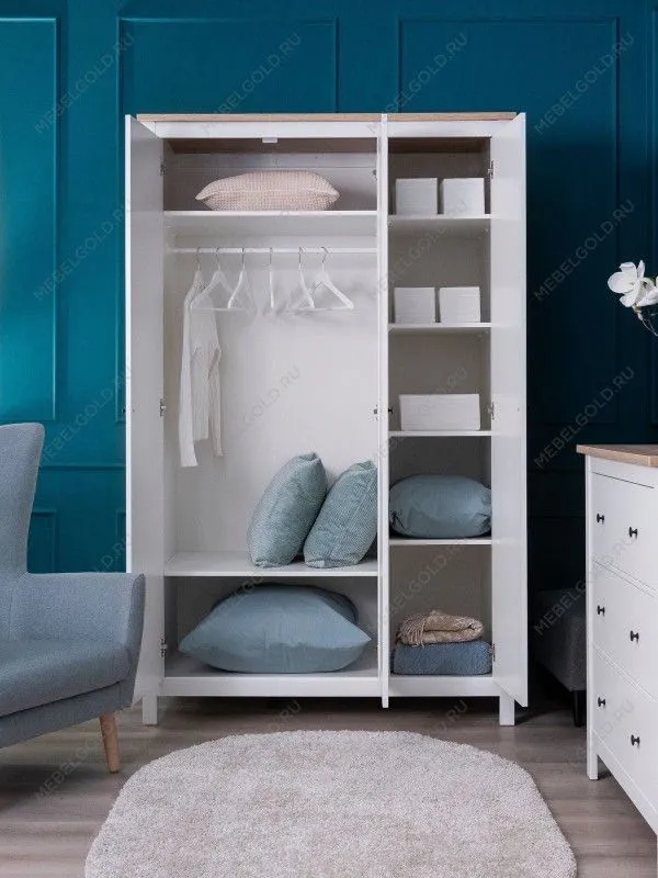 Шкаф распашной Сага, 3 двери, 132х64х215 см, белый/ясень | изображение 1