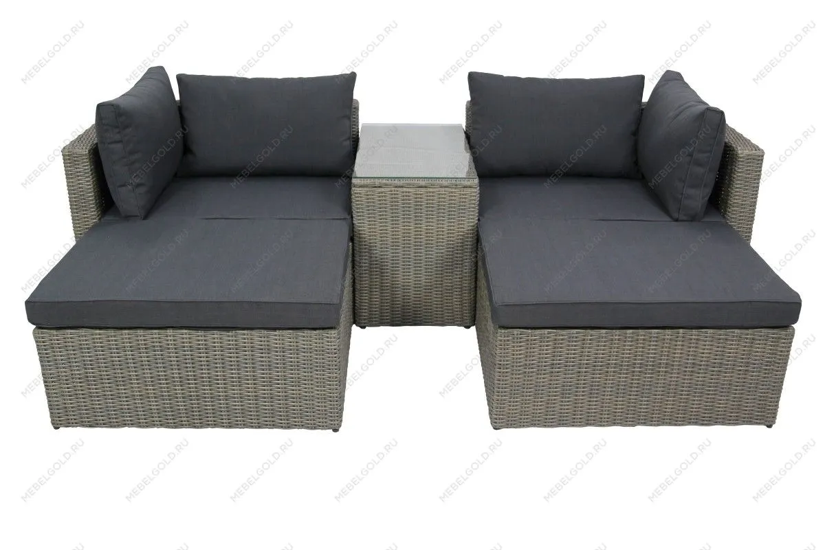 Набор мебели Драмен арт.GS009 серо-коричневый, серый (стол, 2 угл.кресла, 2 пуфа, ротанг серо-корич, подушки серые) | изображение 1