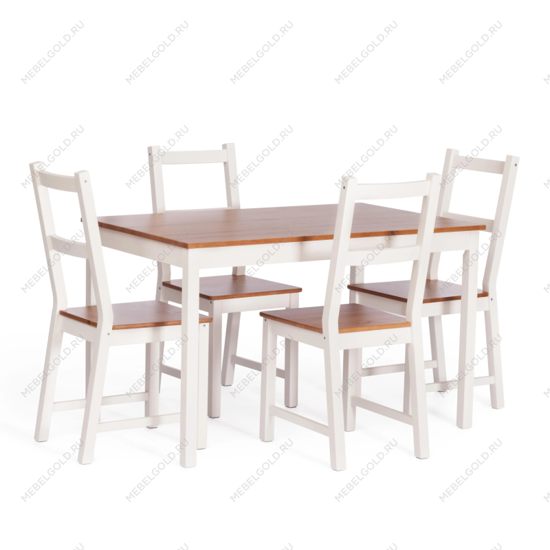 Обеденный комплект Соната (стол + 4 стула)/Sonata dining set, массив сосны, стол: 120х75х73см  стул :41х50х95см, антик/белый